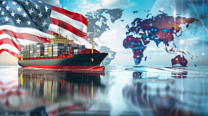 Wall Mural - A large container ship adorned with the American flag sails through the sea