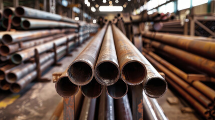 Closeup of a row of industrial steel pipes in a warehouse, showing the circular openings of the pipes