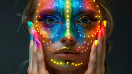 Wall Mural -  A woman with bright lights illuminating her face and hands, painted with vivid colors, raises her hands, positioning them in front of her face