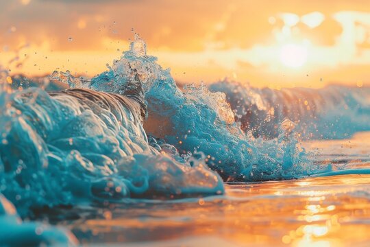 Spectacular sunset scene with majestic ocean wave crashing on the colorful beach