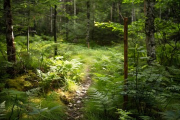 Sticker - Lush green forest path with ferns and foliage