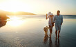 © Reese2000/peopleimages.com - Senior couple, beach and walking with dog in sunset for romance, love or bonding together in nature. Man, woman or lovers holding hands in outdoor sunshine on water or ocean coast with pet or animal
