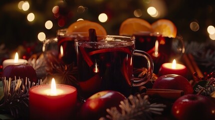 Wall Mural -  A tight shot of a teacup filled with steaming tea Apples and cinnamon surround it A lit candle floats in the cup's center Christmas decorations and