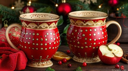  Red mugs sit atop a wooden table, two in number A red cloth lies nearby A Christmas tree adorned with red and gold decorations stands close by