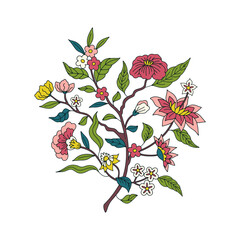 Wall Mural - Pink chinoiserie hand drawn motif. Floral print with orintal folk ornament.