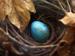 Wall Mural - Vibrant blue speckled egg in a nest