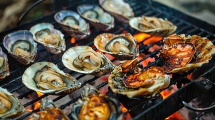 Cooking shellfish outdoors on a hot charcoal barbecue until the shell is crispy