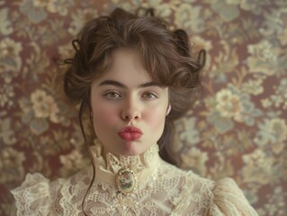 Poster - Elegant woman with curly hairstyle and lace dress