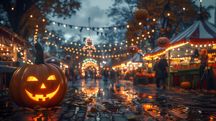 a scary glowing pumpkin in a carnival a night after rain