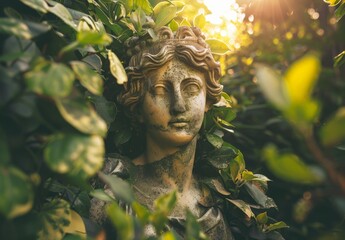 Wall Mural - ancient stone statue in lush greenery