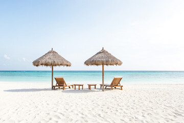 Sticker - Two Beach Chairs Under Palm Thatch Umbrellas