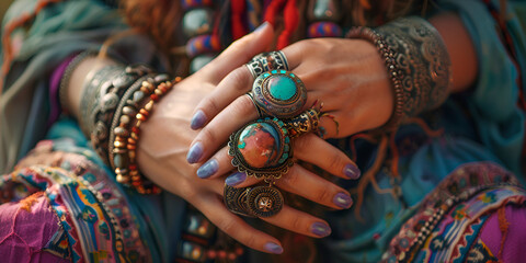 Closeup of a wrist adorned with turquoise and silver jewelry ,Person wearing bohochic mix of beachwear and jewelry for coastal look
