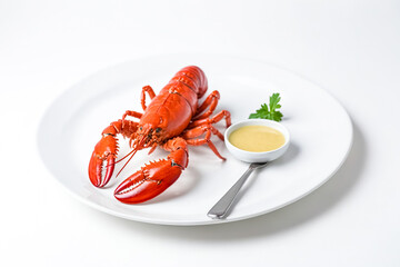 Canvas Print - Cooked lobster on white plate with dipping sauce