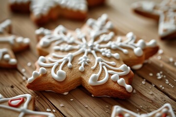 Wall Mural - Festive snowflake-shaped gingerbread cookies on wooden surface