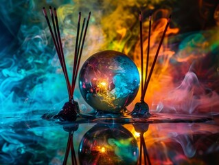 Poster - Mystical crystal ball with incense sticks and colorful smoke