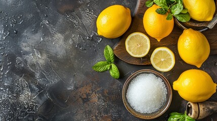  A group of lemons on a wooden cutting board One lemon sits next to a bowl of salt, while two more lemons are placed atop the board, each adorned with bas