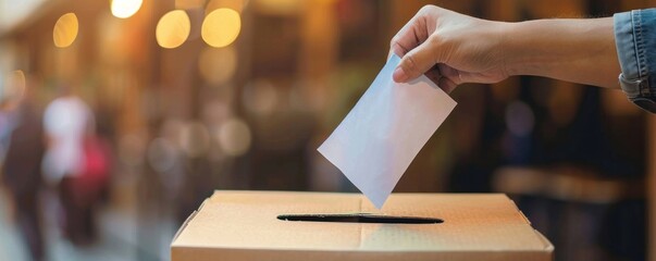 Wall Mural - A person is voting putting a piece of paper into a ballot box. The person is wearing a black shirt