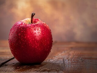 Canvas Print - Juicy red apple with water droplets on wooden surface