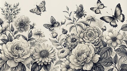 Hand drawn black and white blooming flowers, butterflies, birds on blank background. Monochrome floral composition in vintage style, blooming, flowers, butterflies, birds, black and white