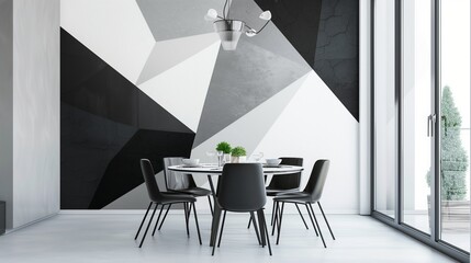 Wall Mural - Minimalist black and white geometric wallpaper in a contemporary dining room, modern home decor