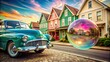 © Sompong - Colorful vintage bubble gum bubble with old houses and classic car in background, bubble gum, vintage, colorful, houses, classic car, retro, bubble, blow, childhood, nostalgia
