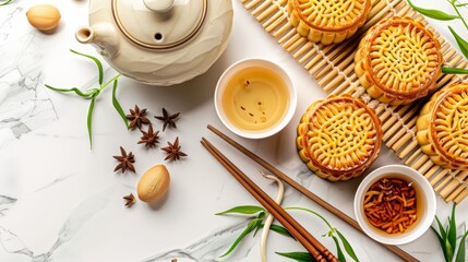 a teapot, a cup of tea, and two chopsticks nestled among the dishes, accompanied by green table leaves