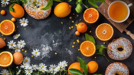 oranges and doughnuts, near a steaming cup of tea Above, a cutting board laden with oranges and daisies