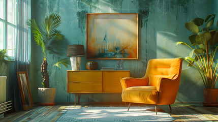 Wall Mural - Imagine a contemporary living room featuring a wooden cabinet 