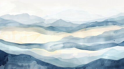 abstract watercolor mountain landscape in blue tones for tv frame art