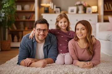 Happy family with little daughter lying on carpet in living room