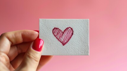 Wall Mural -  A hand holding a small white card with a red heart drawn on it