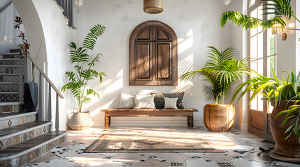 Wall Mural - Console table and rustic bench in Mediterranean interior