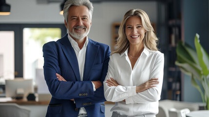 business man and european business woman standing arms crossed in office