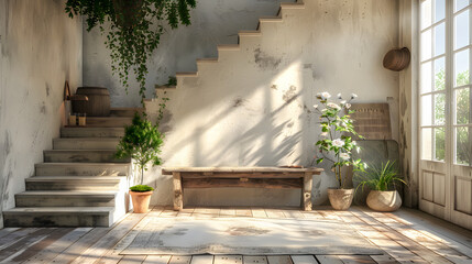 Wall Mural - Console table and rustic bench in Mediterranean interior