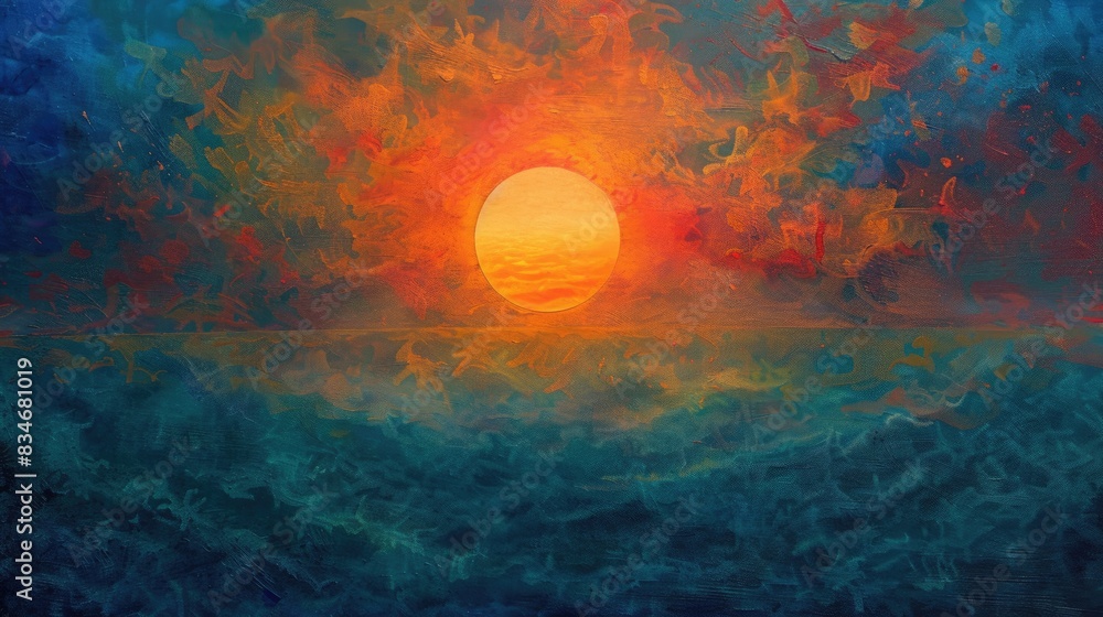 A stunning painting capturing a vibrant sunset with hues of orange and ...