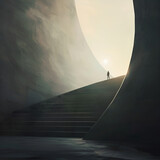 Człowiek idący po schodach w surrealistycznym tunelu – symbolika drogi i celu
