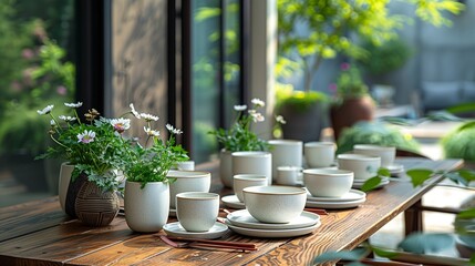 Minimalist white ceramic dinnerware set on a wooden dining table, modern home decor