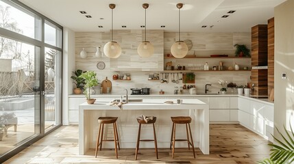 Wall Mural - Minimalist white ceramic kitchen island with wooden bar stools, modern home decor