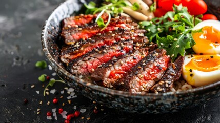 Wall Mural -  A tight shot of a black marble surface bearing a bowl brimming with meat, eggs, tomatoes, and lettuce Red and white sprinkles decorate the dish