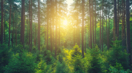  Sunlight beams through tall pine trees in a forest