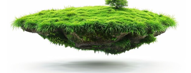 Wall Mural - fantasy floating island with natural one tree on the rock, surreal float landscape with green grass. 3d illustration with cut of the ground and the grass landscape. The trees on the island. eco design