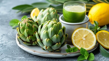  A white plate holds artichokes, lemon, and a glass of green juice Nearby, an additional glass contains a green leafy smoothie and a lemon