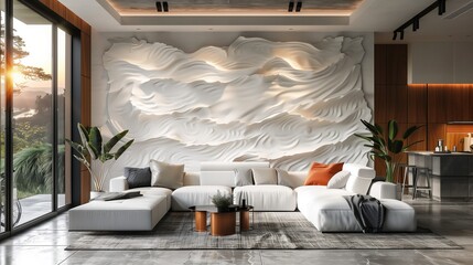 Wall Mural - Minimalist white ceramic wall art in a modern living room, modern home decor