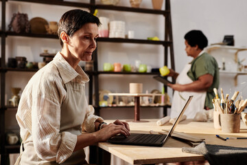 Wall Mural - Side view portrait of mature woman using laptop and managing art studio copy space