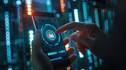 Wall Mural - cybersecurity and privacy concepts to protect data. businessman use smartphone with cyber security t
