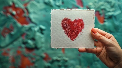 Wall Mural -  A hand holding a small white card with a red heart drawn on it