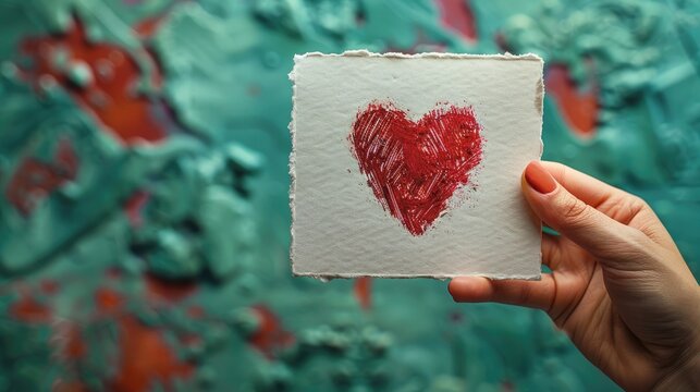  A hand holding a small white card with a red heart drawn on it