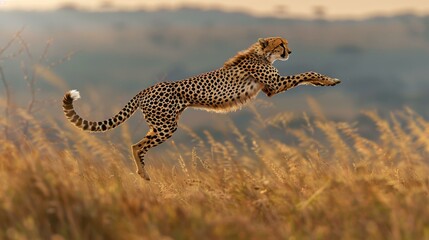 Cheetah running in the savanna. AI.