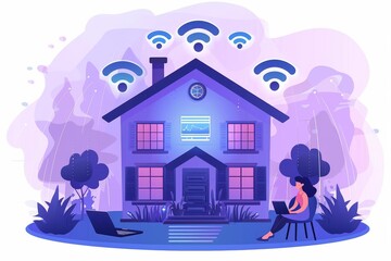 Sticker - Illustration of a smart home with multiple connected devices, highlighting digital connectivity and technology integration