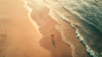 Wall Mural - Aerial shot of two people walking along a serene, sandy beach with gentle waves and golden sunlight.
